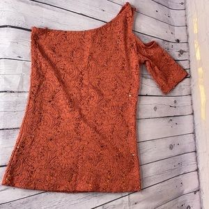 Charlotte Russe Y2K Orange One Shoulder Short Sleeved Lace Top with Sequins